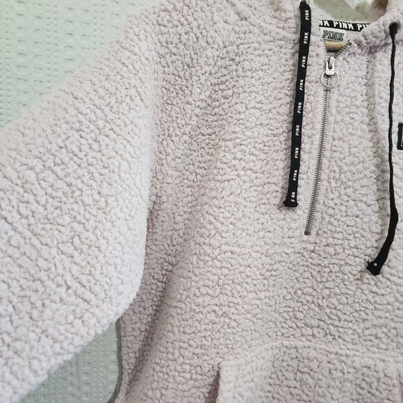 PINK Victoria's Secret Light Pink Sherpa Half Zip Hoodie Sweater Size Small - Picture 7 of 12